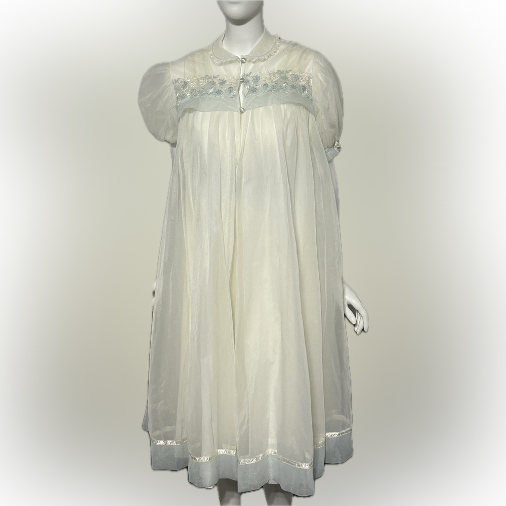 GOTHAM GOLD STRIPE Vintage Nightgown Robe Set Chiffon & Nylon White & Blue 32/S - Picture 7 of 16